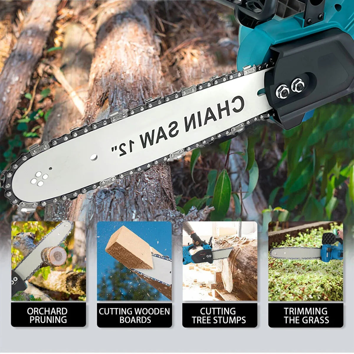 2x Battery 12'' Electric Cordless Chainsaw Power Wood Cutter Saw For Makita 18V with oil system