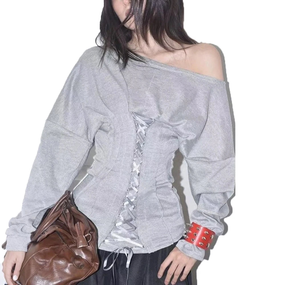Dame Off-Shoulder Top med Snøre og Lange Ærmer, Casual Pasform