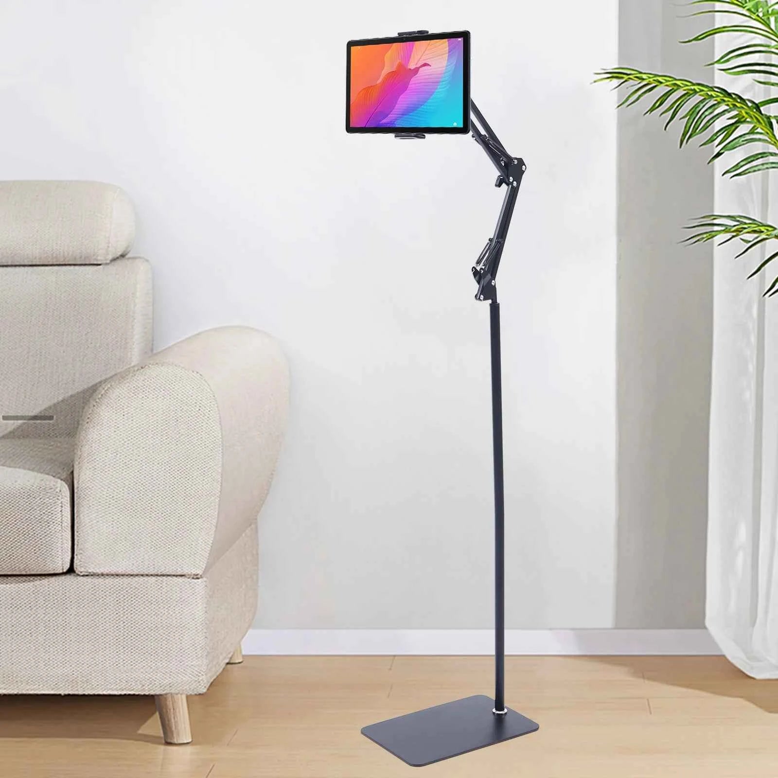 Tablet Floor Stand, 360° Swivel Adjustable Height & Angle, Heavy Duty Carbon Steel, Non-Slip Base, Portable & Foldable, Universal Holder for 12-18cm Phones & Tablets, for Home Office Kitchen Gym Bedroom, Easy Assembly