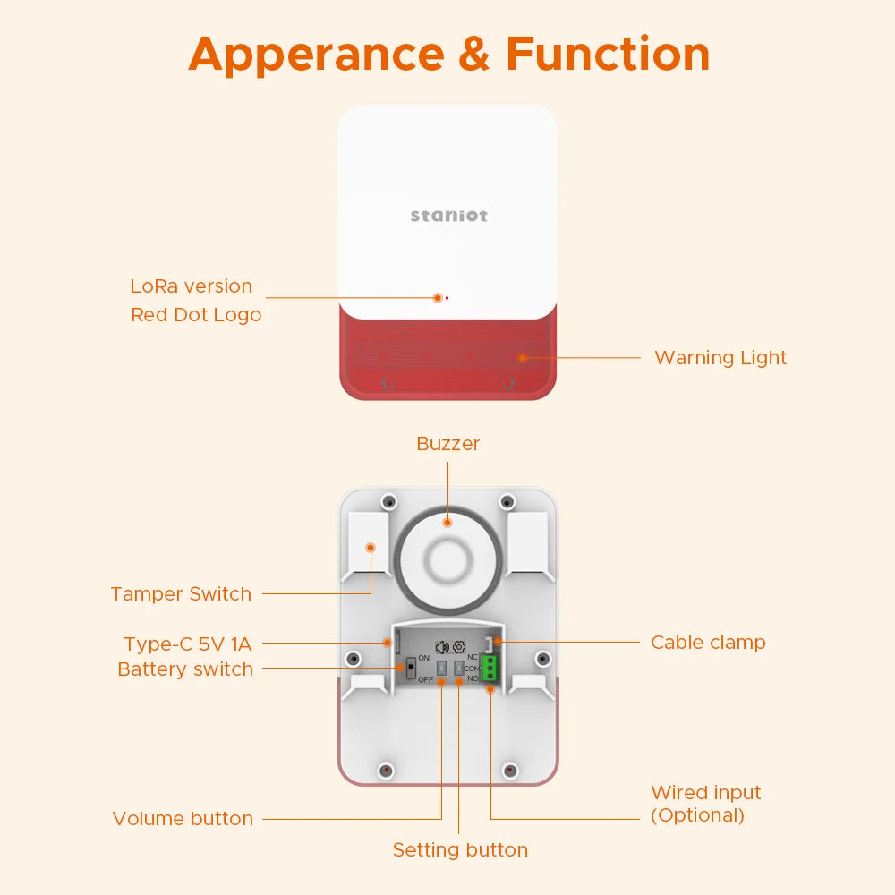 Staniot LoRa Wireless Strobe Siren 115dB High Decibel Alarm with Anti-Tamper Function 500m Long Transmission Range Smart Burglar Alarm for Smart Home Security