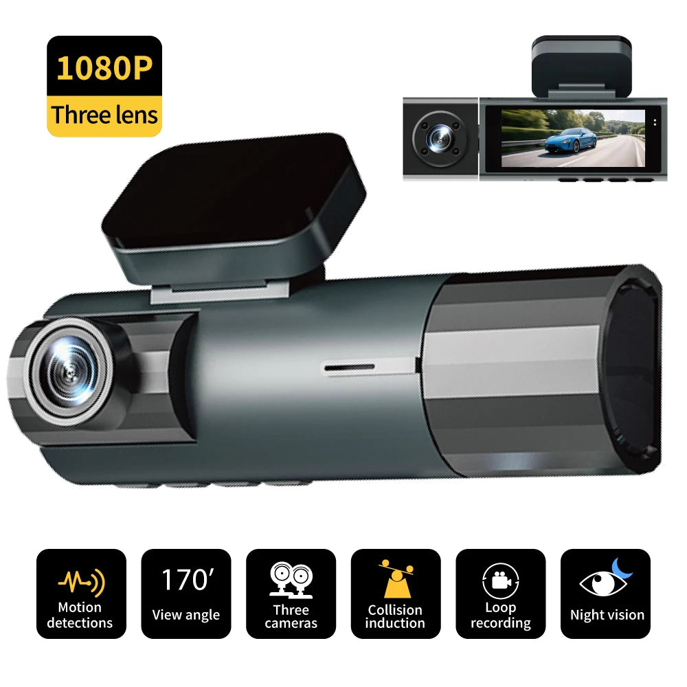 1080P 3-Way WiFi Dash Cam Front Inside Rear with Night Vision