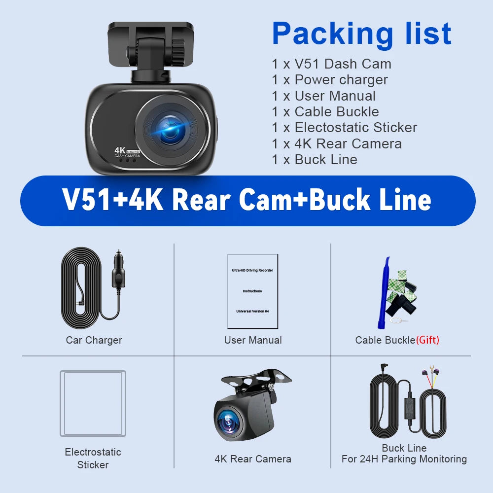 Soam 4K+4K Dash Cam Front and Rear Built-in WiFi 170°Wide Angle 2" IPS Screen Night Vision WDR 24H Parking Mode Mini Black Box