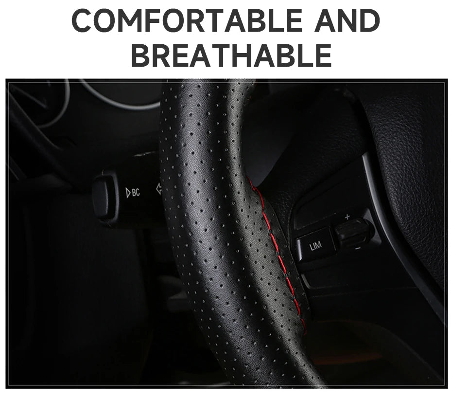 SEAMETAL 100% Genuine Leather Steering Wheel Cover Wear-Resistant Cowhide Car Steering Protection Cover Breathable Anti-Slip