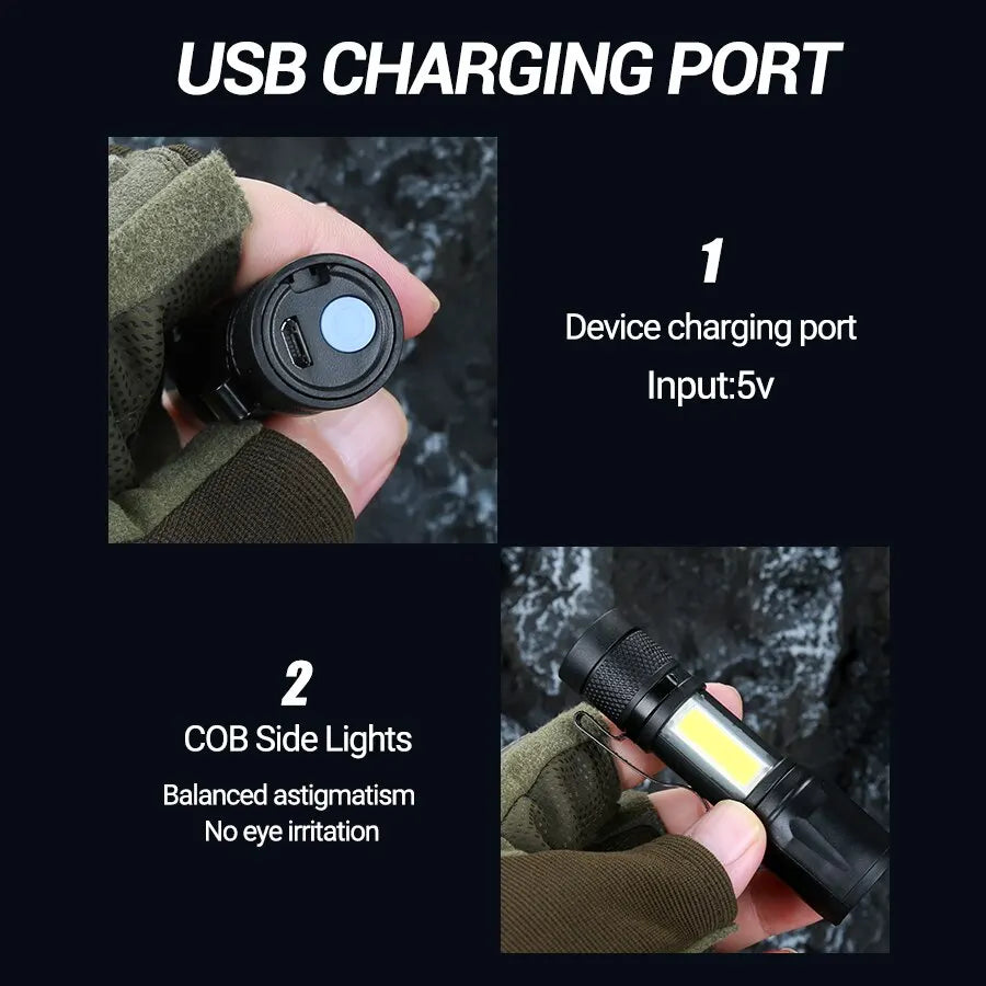Lampe torche rechargeable mini avec mise au point réglable et lumière latérale