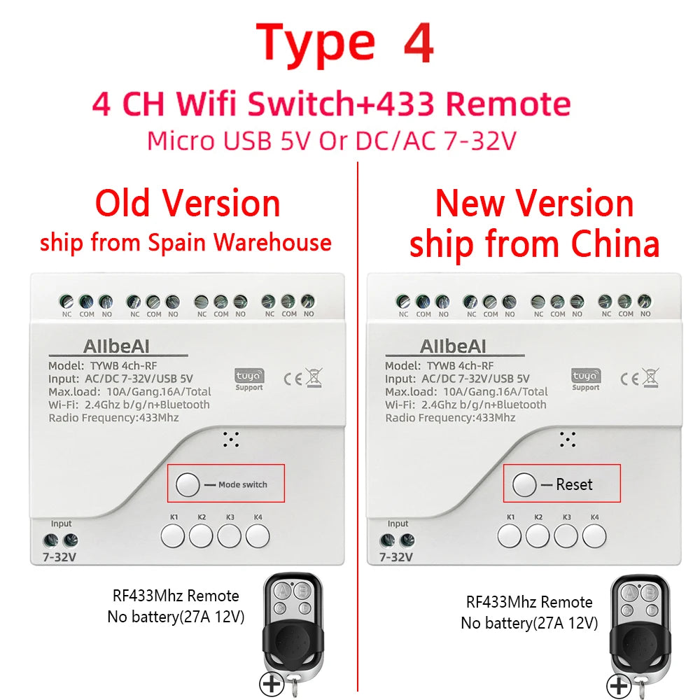 4CH Wifi Smart Home Motor Controller,DC 12V 24V 32V 220V RF433 Remote,4 Channel Relay Switch for Alice Alexa,Tuya Smart Life