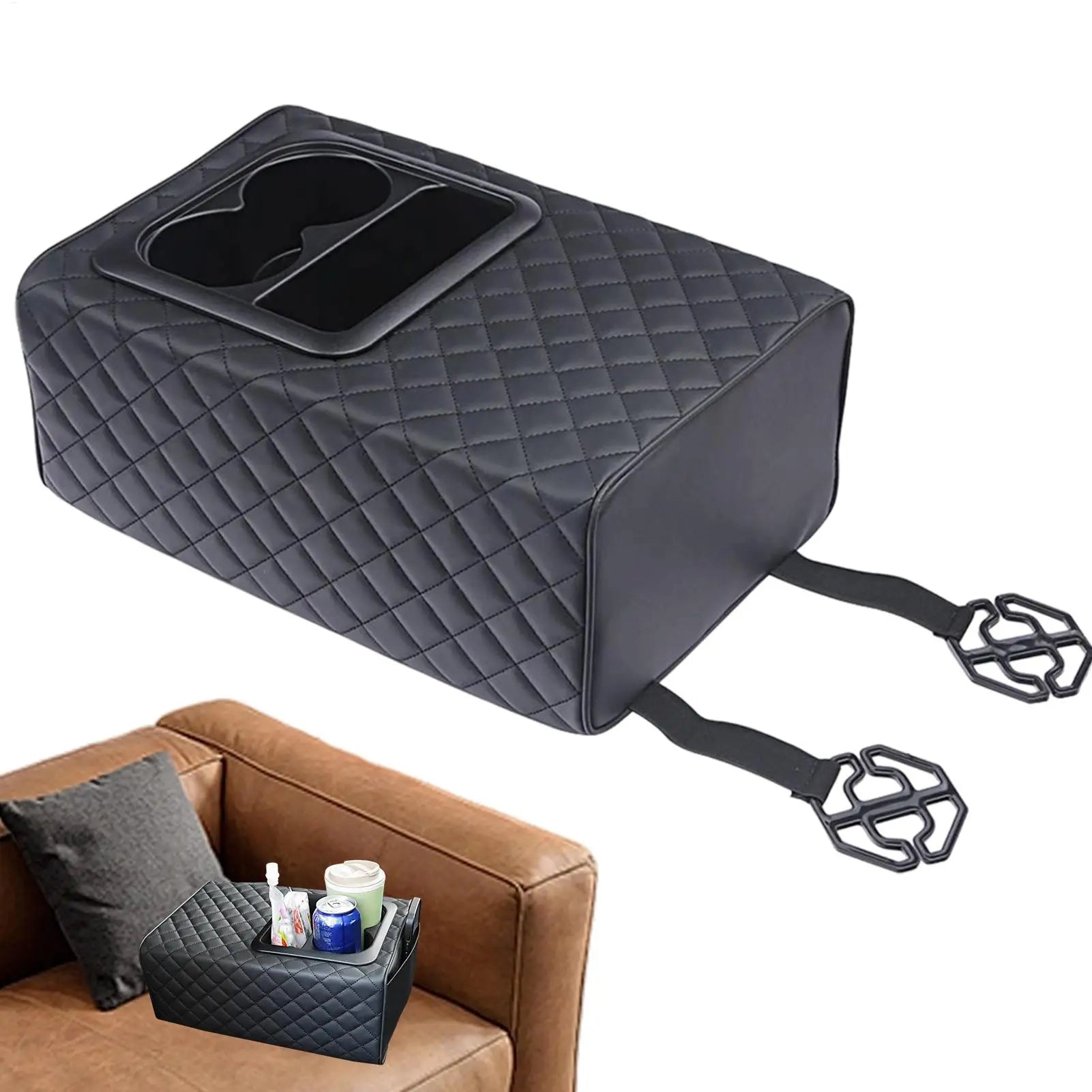 Rear Seat Armrest Booster Pad with Cup Holders and Double Pockets