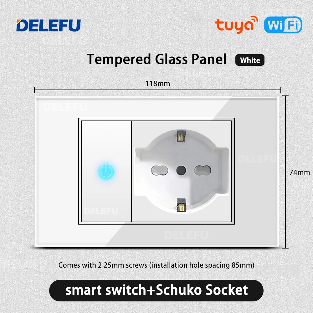 DELEFU White Tempered Glass Italy USB TypeC Fast Charging Wall Socket Schuko Tuya Wifi Smart Switch Sat TV Tel Doorbell Chile