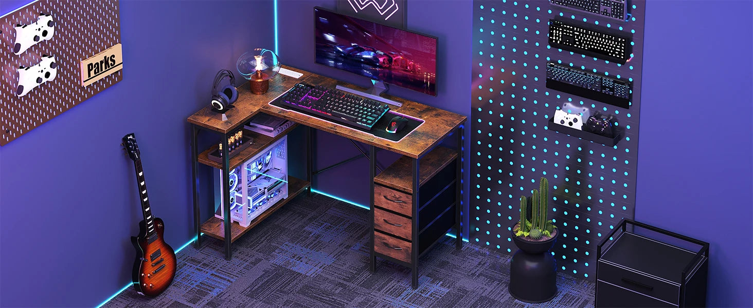 55 Inch L-Shaped Desk with Drawers, Shelves & Built-In Power Outlet