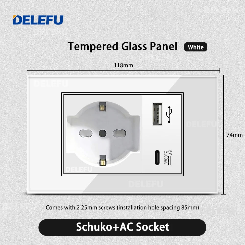 DELEFU White Tempered Glass Italy USB TypeC Fast Charging Wall Socket Schuko Tuya Wifi Smart Switch Sat TV Tel Doorbell Chile