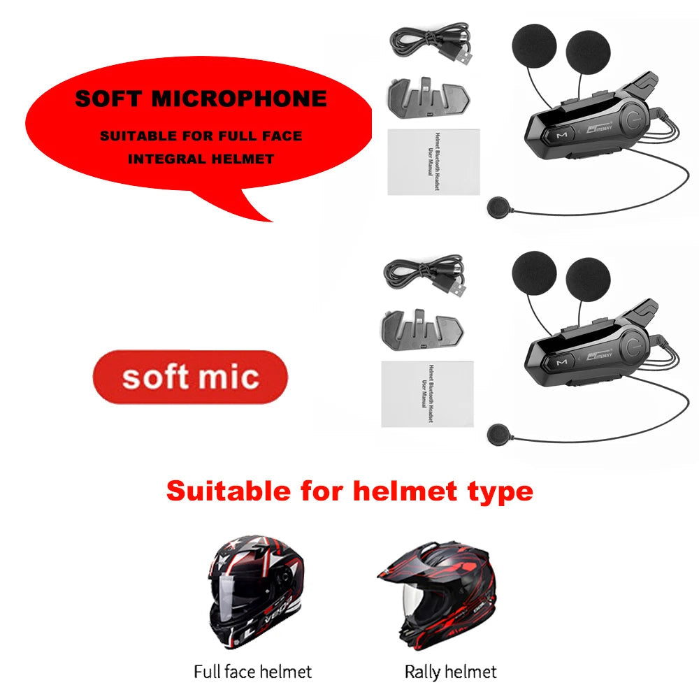 1/2Pcs Bluetooth Motorcycle Helmet Intercom Headset 1000M For 2 Rider Intercomunicador Moto Wireless Interphone Handsfree Call