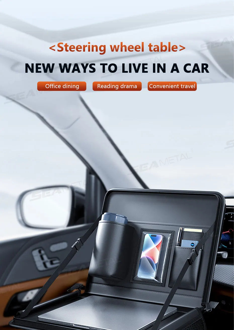 SEAMETAL Portable Laptop Storage Bag for Car Steering Wheel Temporary Tray Snacks Holder Foldable Multi-Pocket Car Organizer