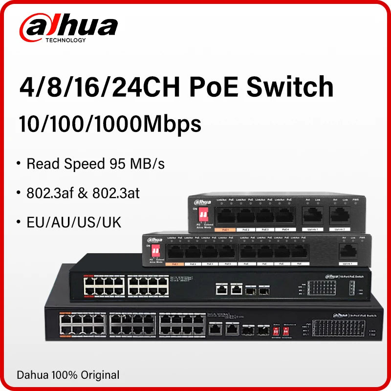 Dahua 4/8/16/24 Port PoE Switch 10/100/1000Mbps Gigabit Fast Ethernet Switch IEEE 802.3 For VTO VTH IP Camera S1300C-4ET2ET-APWR