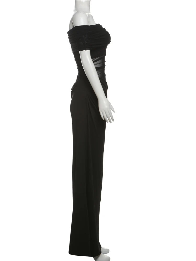 Weird Puss Ruched Irregular Dress Women Mesh Patchwork Slash Neck Short Sleeve Skinny Stretch Trend Elegant Long Bodycon Outfits