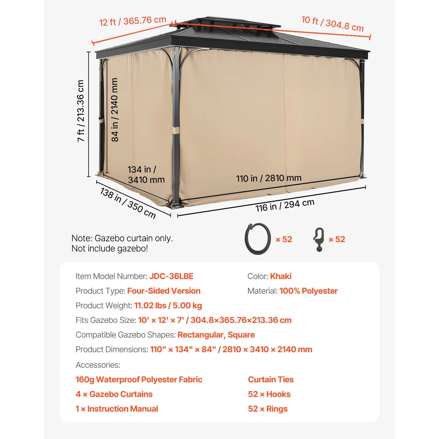 SucceBuy Gazebo Gardiner 4-panel sidevæg gazebo privatlivsgardiner med lynlåse universel solskærm gardiner erstatning til terrasse