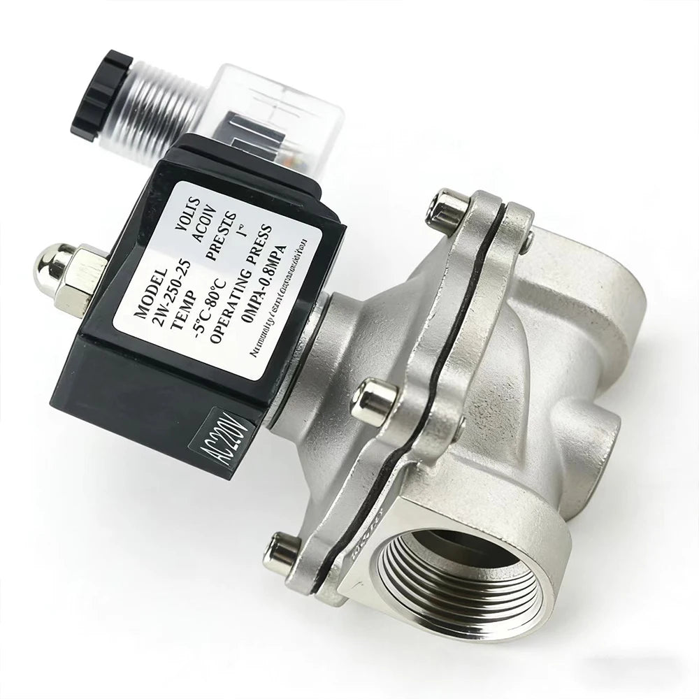 Normalt lukket magnetventil i rustfritt stål, AC 110 V/220 V/24 V, 1/2" 3/4" 1", elektromagnetisk vannventil med IP65-spole, DC 12 V