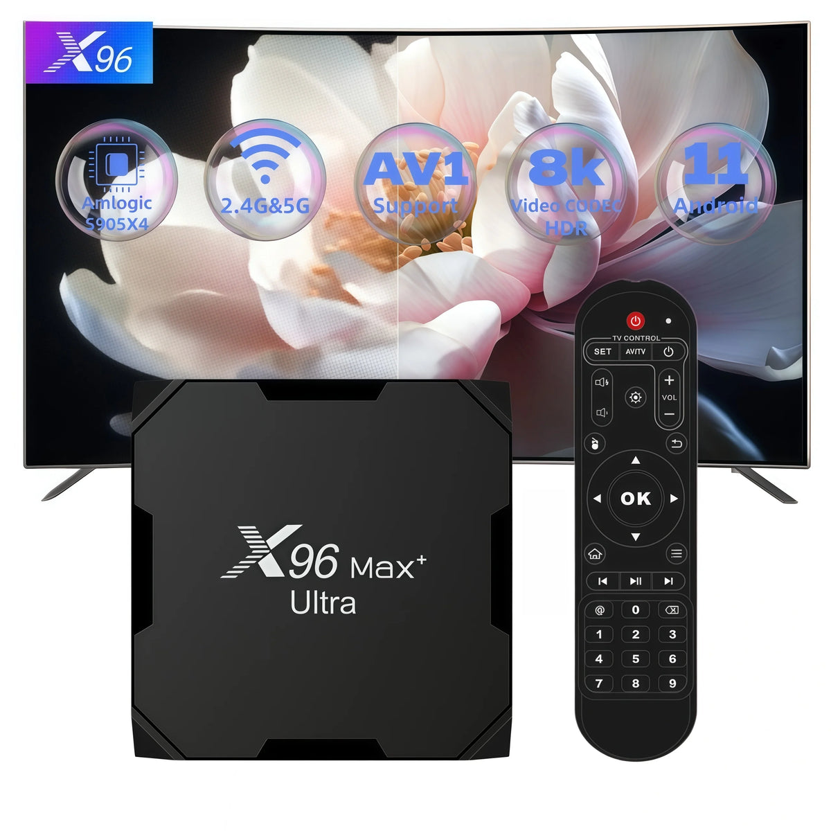 X96 Max+Ultra Android 11 TV Box Amlogic S905X4 4GB RAM 64GB ROM 8K Decoding AV1 Codec Dual WiFi 2.4G&5G BT4.0 USB3.0 HDR10+ Media Player Smart Set Top Box Decodificador