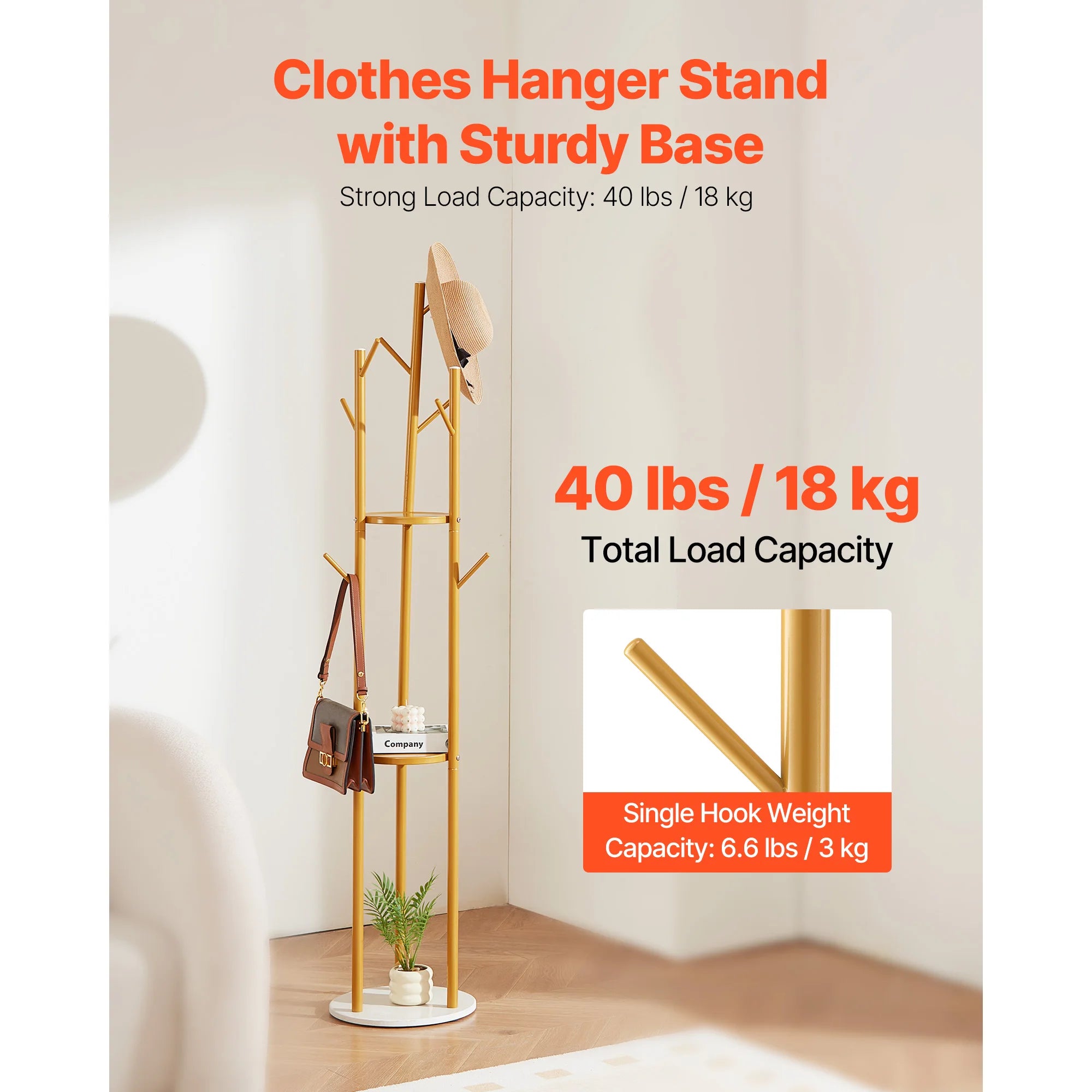 Freestanding Coat Rack with Quartz Base and 9 Hooks Stand