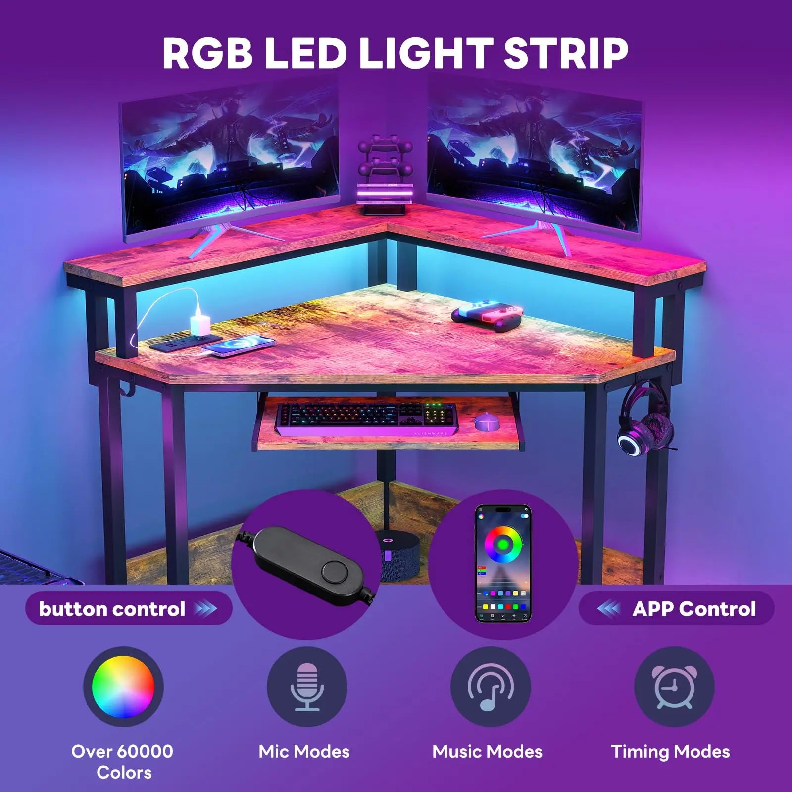 Corner Desk with LED Lights & Power Outlets for Small Spaces