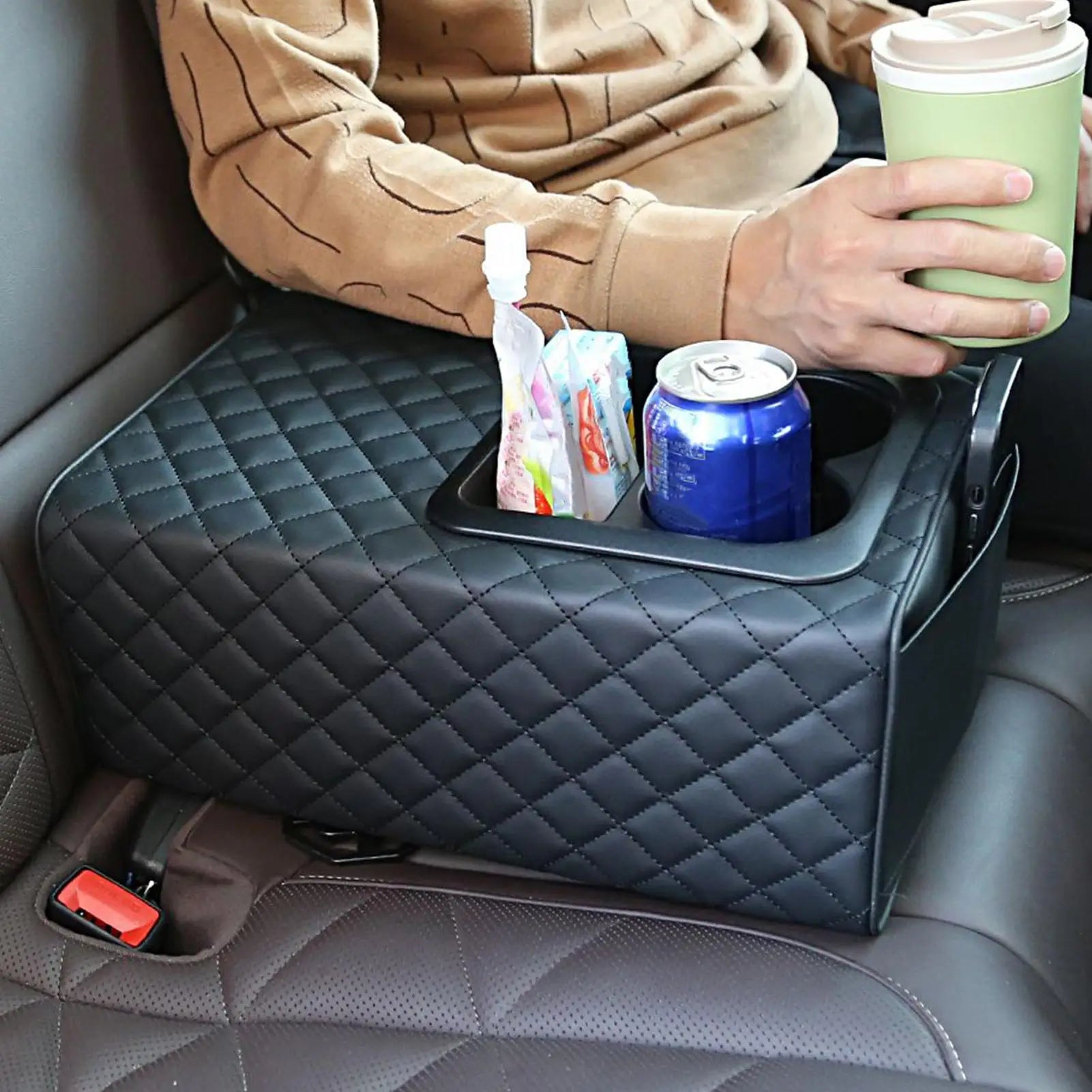 Rear Seat Armrest Booster Pad with Cup Holders and Double Pockets