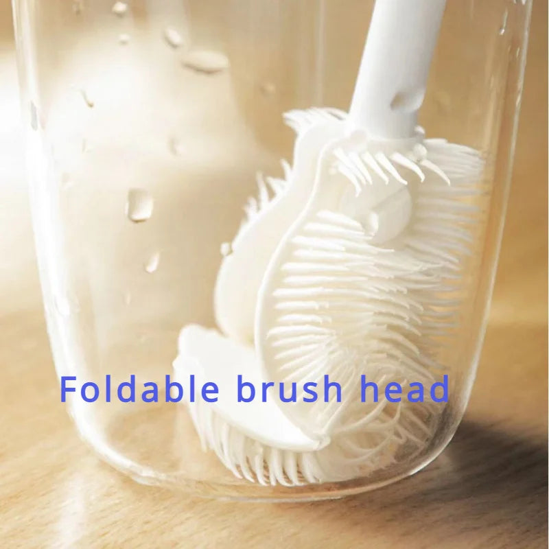 Foldable 360 degree comprehensive cleaning silicone brush with long handle design, reusable for bottles and cups
