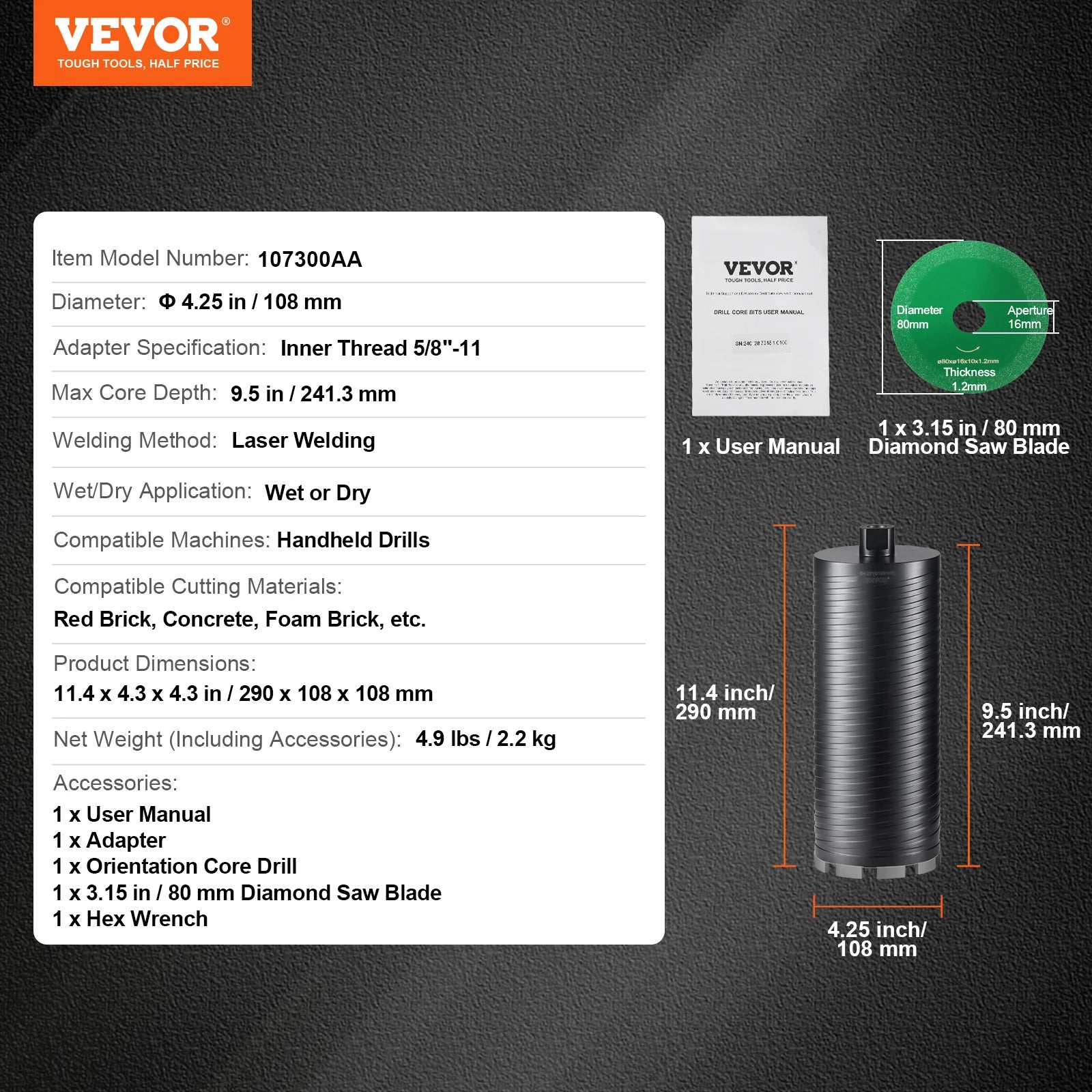 Wet/Dry Diamond Core Drill Bit for Brick and Concrete with Pilot Bit, Adapter and Saw Blade