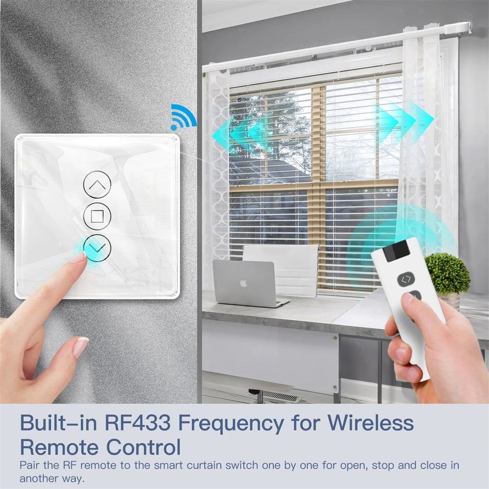 MOES WiFi RF433 Smart 2.5D Arc Glass Touch Curtain Switch for Roller Blinds Shutters Smart Life/Tuya APP Works Alexa Google Home