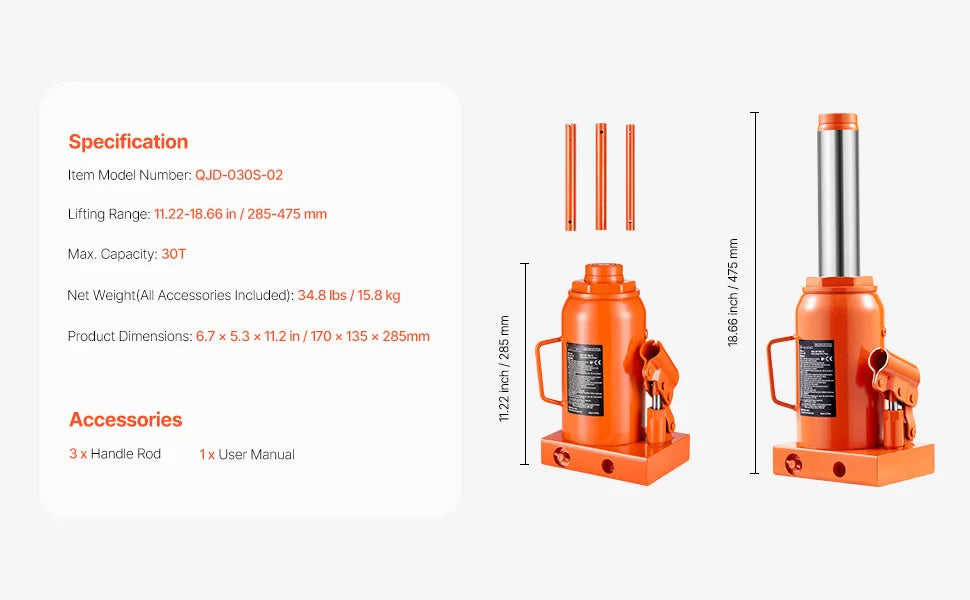 Hydraulic Bottle Jack 20 Ton for Trucks, SUVs and RVs