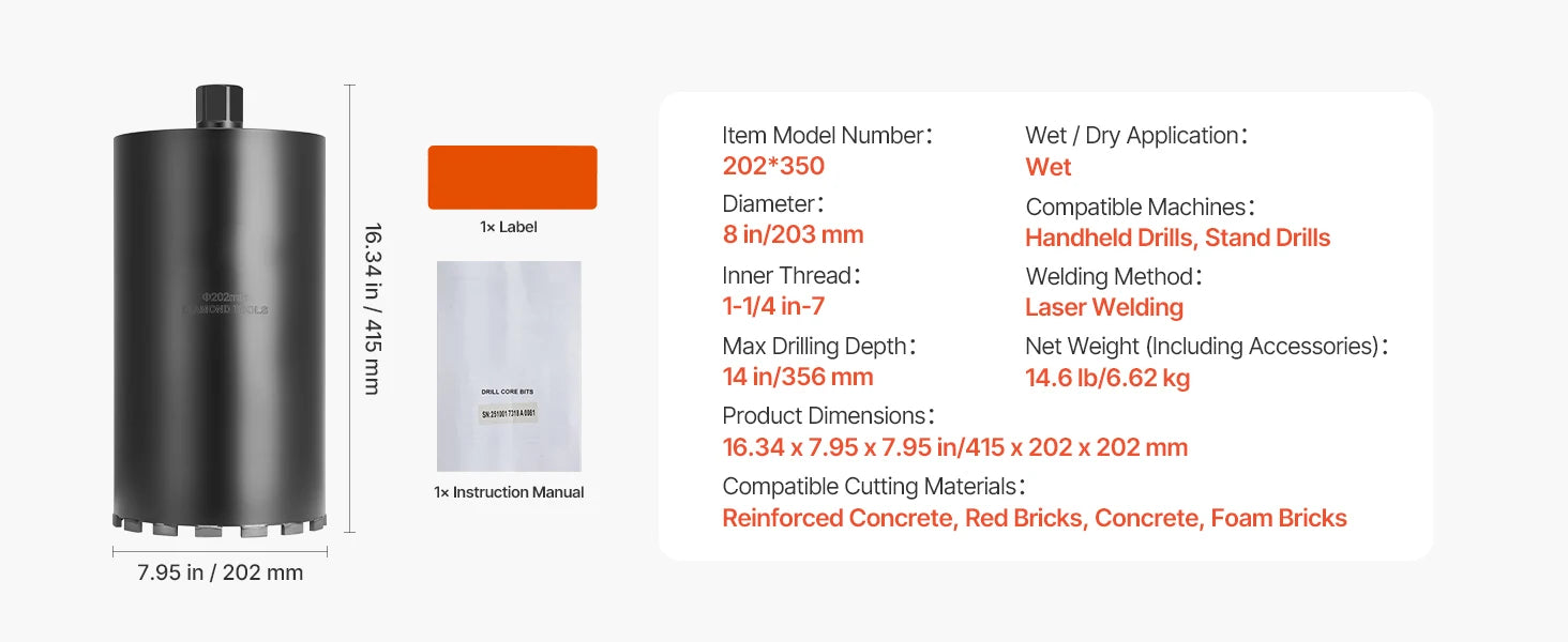Diamond Core Drill Bit with Adapters for Concrete & Brick Drilling