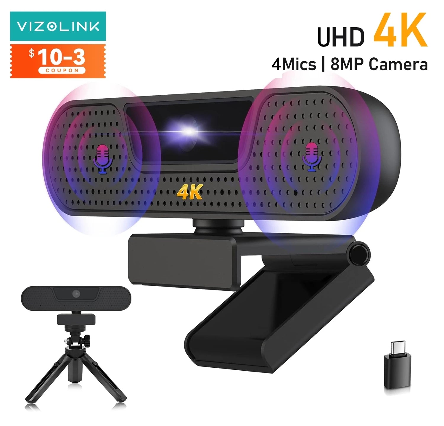 VIZOLINK 4K UHD webová kamera 8MP webová kamera 4 mikrofony s potlačením šumu automatické zaostřování USB webová kamera pro PC Zoom Teams Google Meet streaming