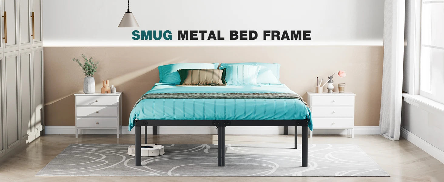 Metal Platform Bed Frame with Steel Slats and 14" Underbed Clearance