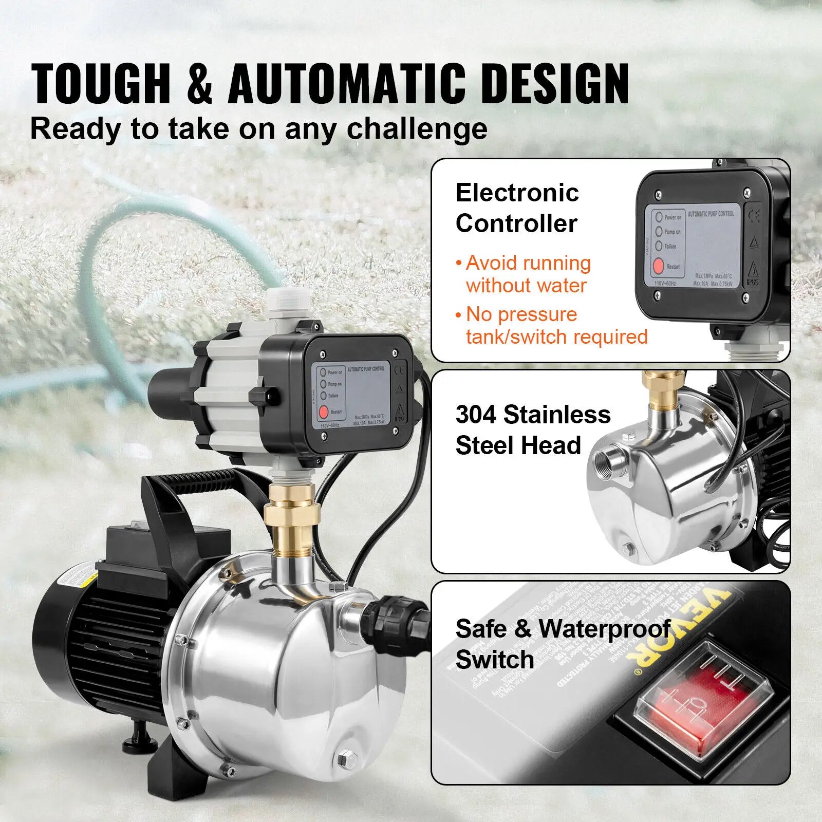 SucceBuy Shallow Well Pump Portable Sprinkler Booster Jet Pumps, Automatic Controller for Garden Lawn Irrigation Water Transfer