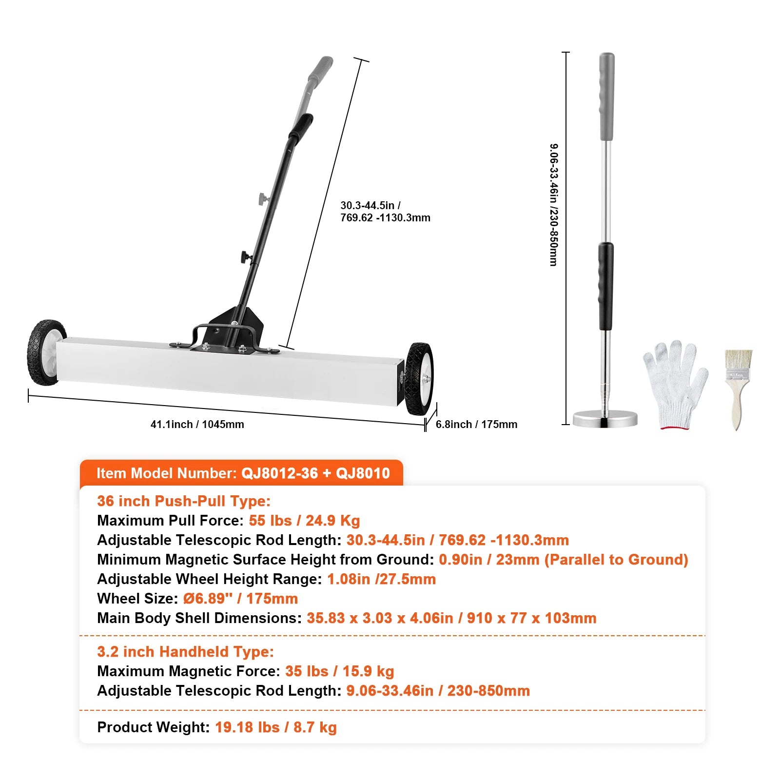 15" Rolling Magnetic Sweeper with Wheels for Nails & Metal Debris