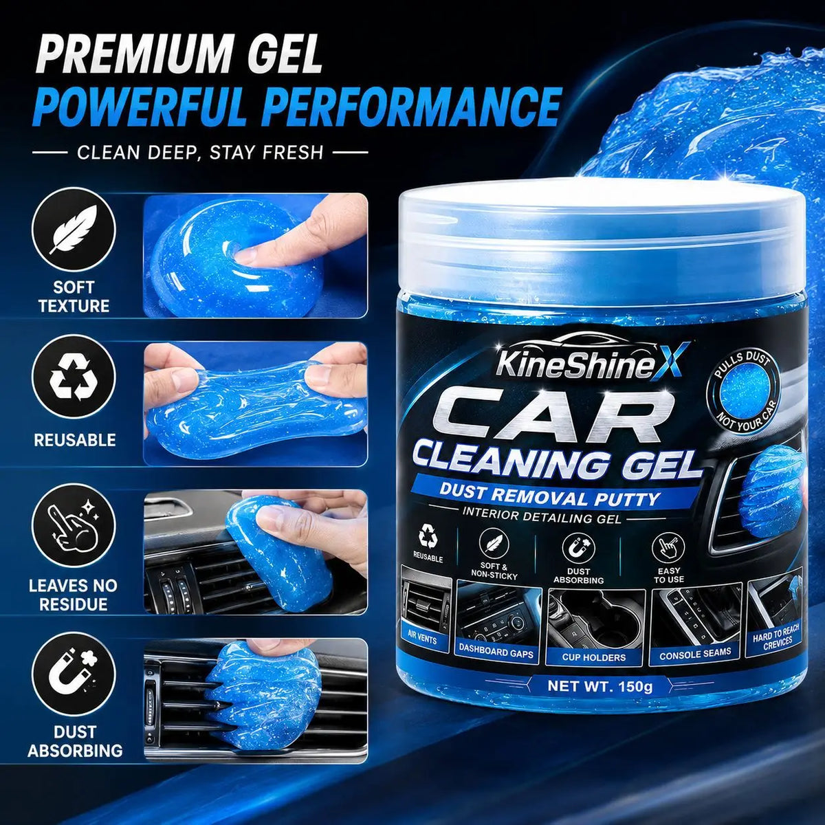 Gel nettoyant réutilisable pour l’intérieur de voiture, 150g
