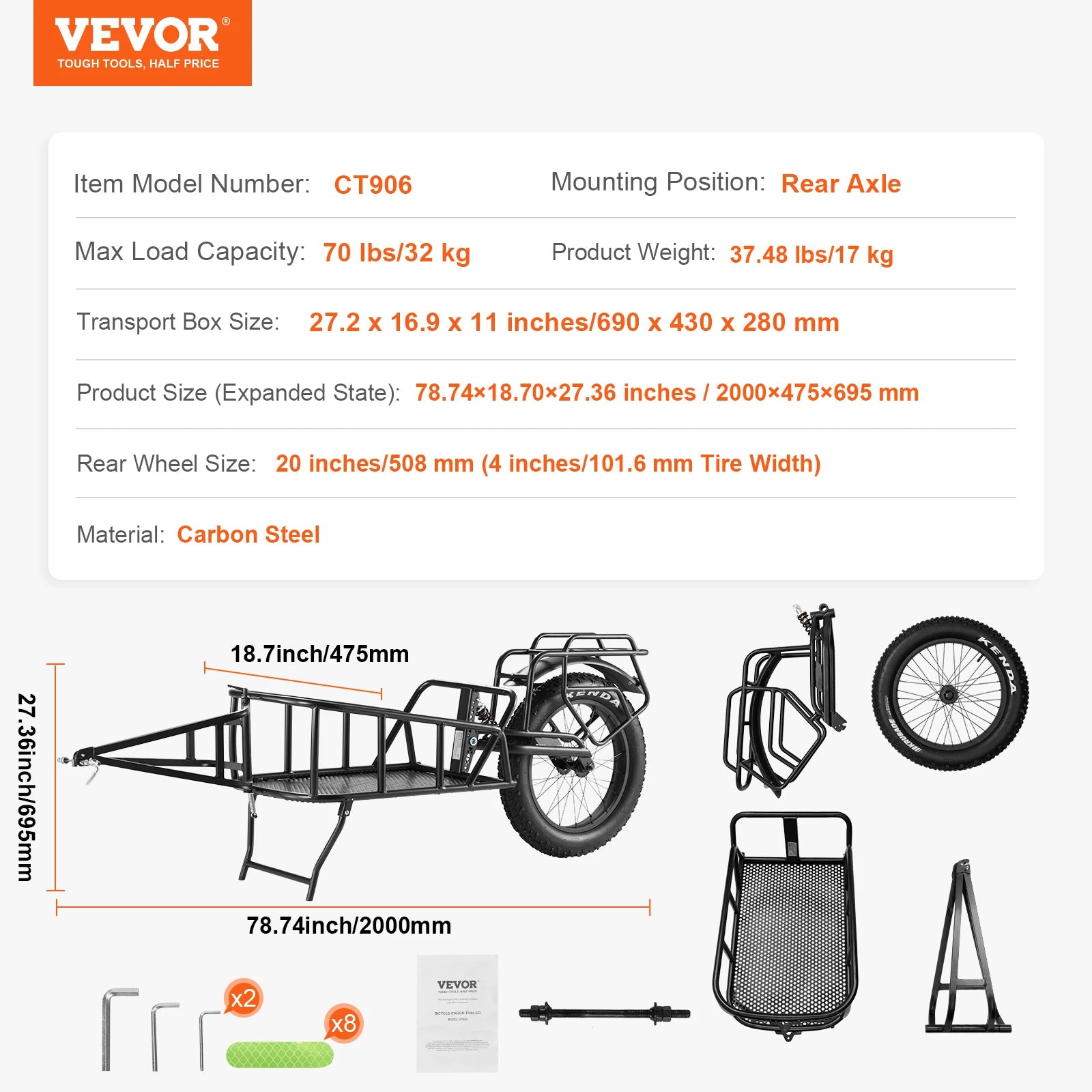 Bike Cargo Trailer 70 lbs Capacity with Quick Release & 20" Wheels