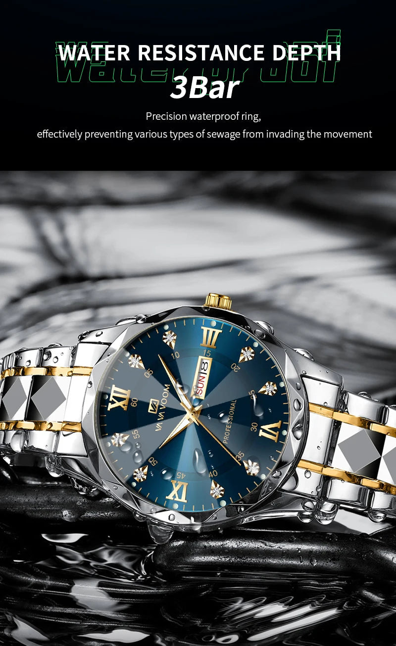 2024 New Men's Watch Fashion Rivet Stainless Steel Strap Luxury Water Diamond Diamond Luminous Blue Gold Dial Business Men Watch