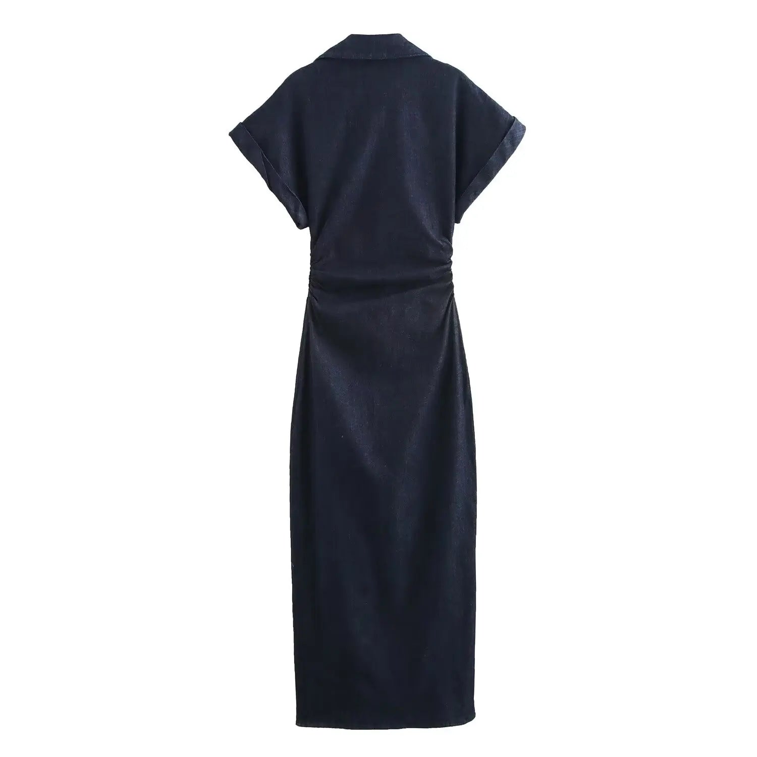 ETJ 2025 Spring New 1975 series denim MIDI dress with lapel side zipper fashion wrinkle waist slim elegant dress