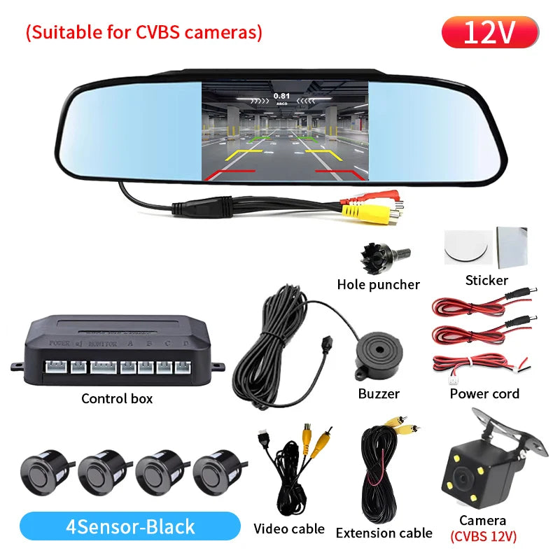 Rearview Mirror Parking Sensor System with 4 Radar Probes