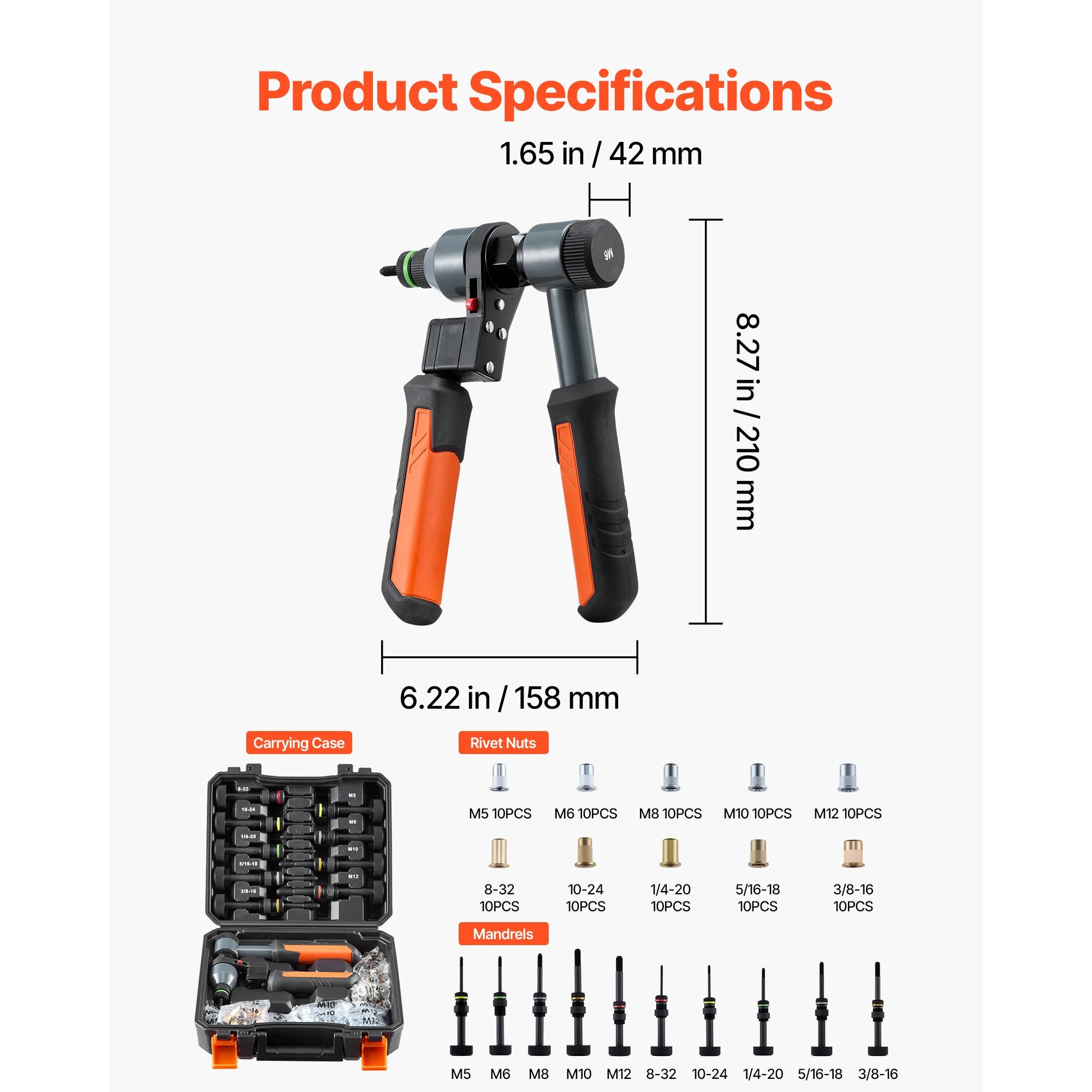 Rivet Nut Tool Kit with Mandrels & Nuts Metric SAE Set