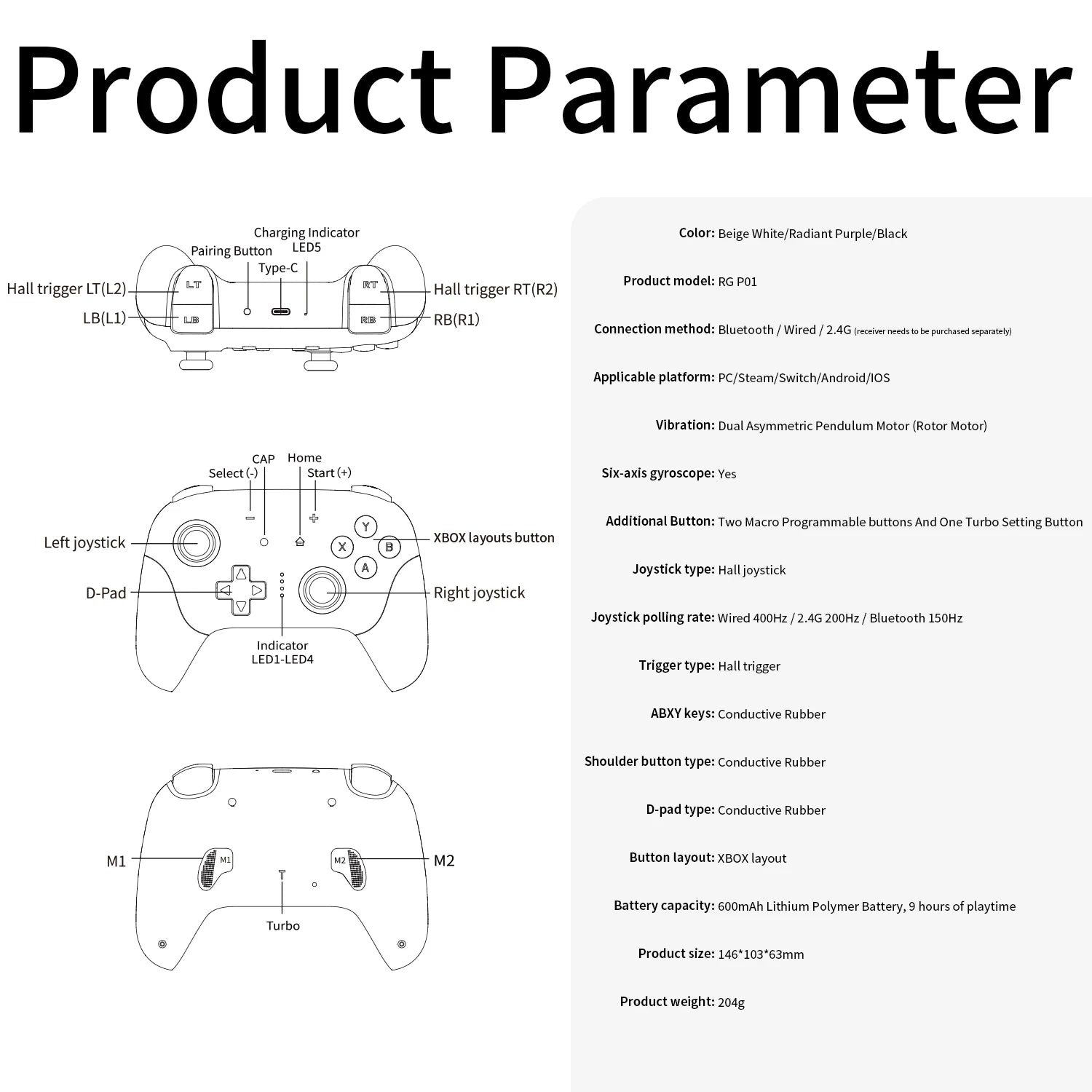 Wireless Gaming Controller with Hall Effect Triggers and Joysticks
