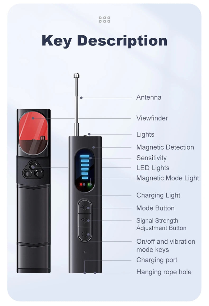 Detector de Câmera Oculta Antiespião Dispositivo de Rastreamento de GPS para Carro, Escuta, Bug, RF, Scanner de Sinal All Inalámbrico, Gadget de Proteção e Segurança