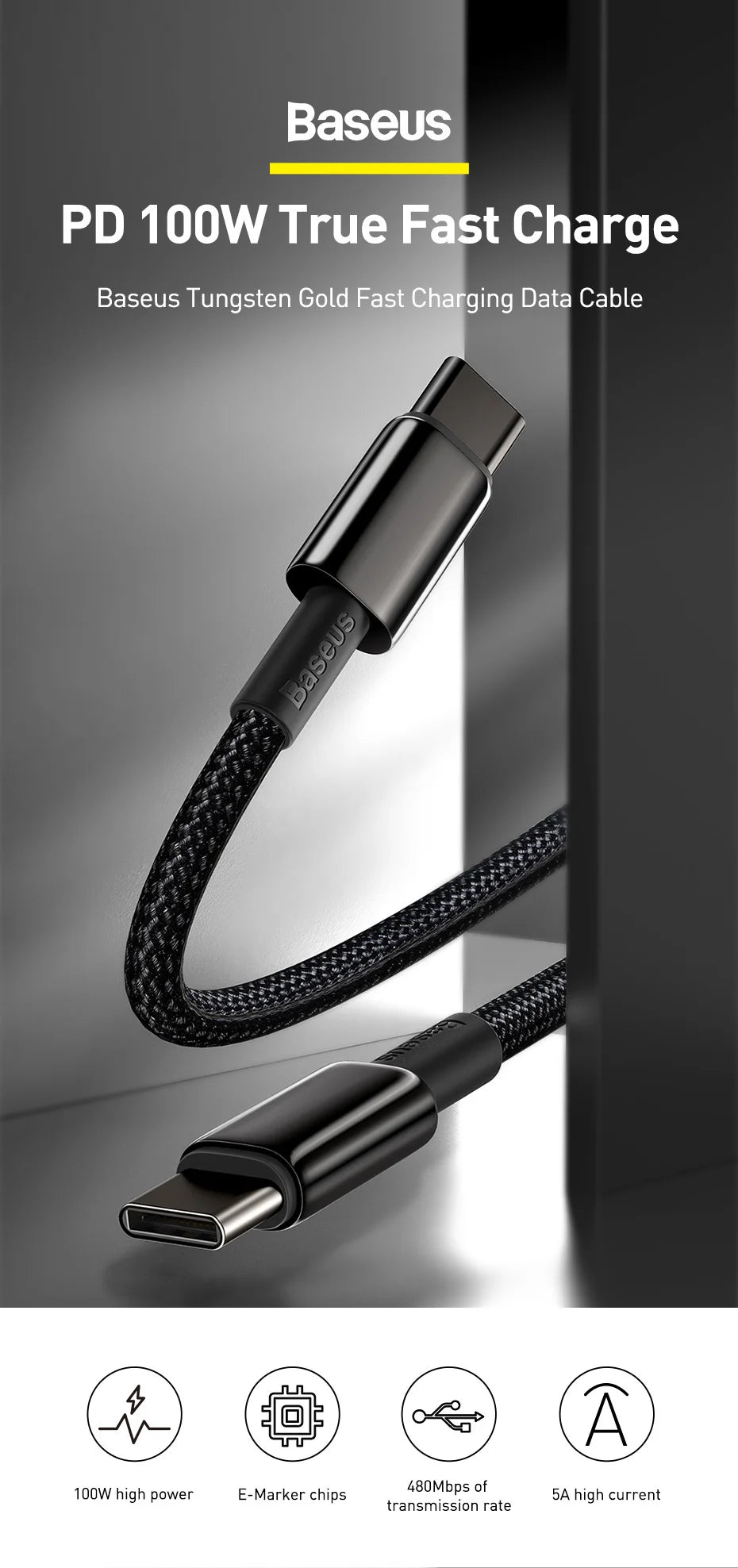 Cable Baseus 100W Tipo C para iPhone 15, Cable de Carga Rápida USB C PD para Macbook, Samsung, Xiaomi, Cable Tipo C USB C
