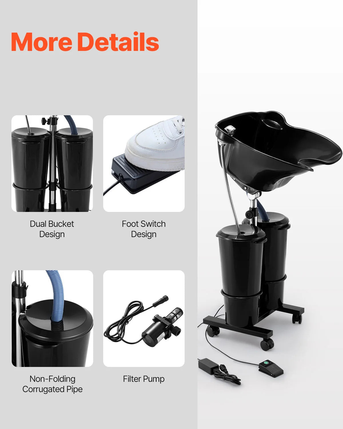 Portable Shampoo Bowl with Electric Pump Adjustable Salon Sink