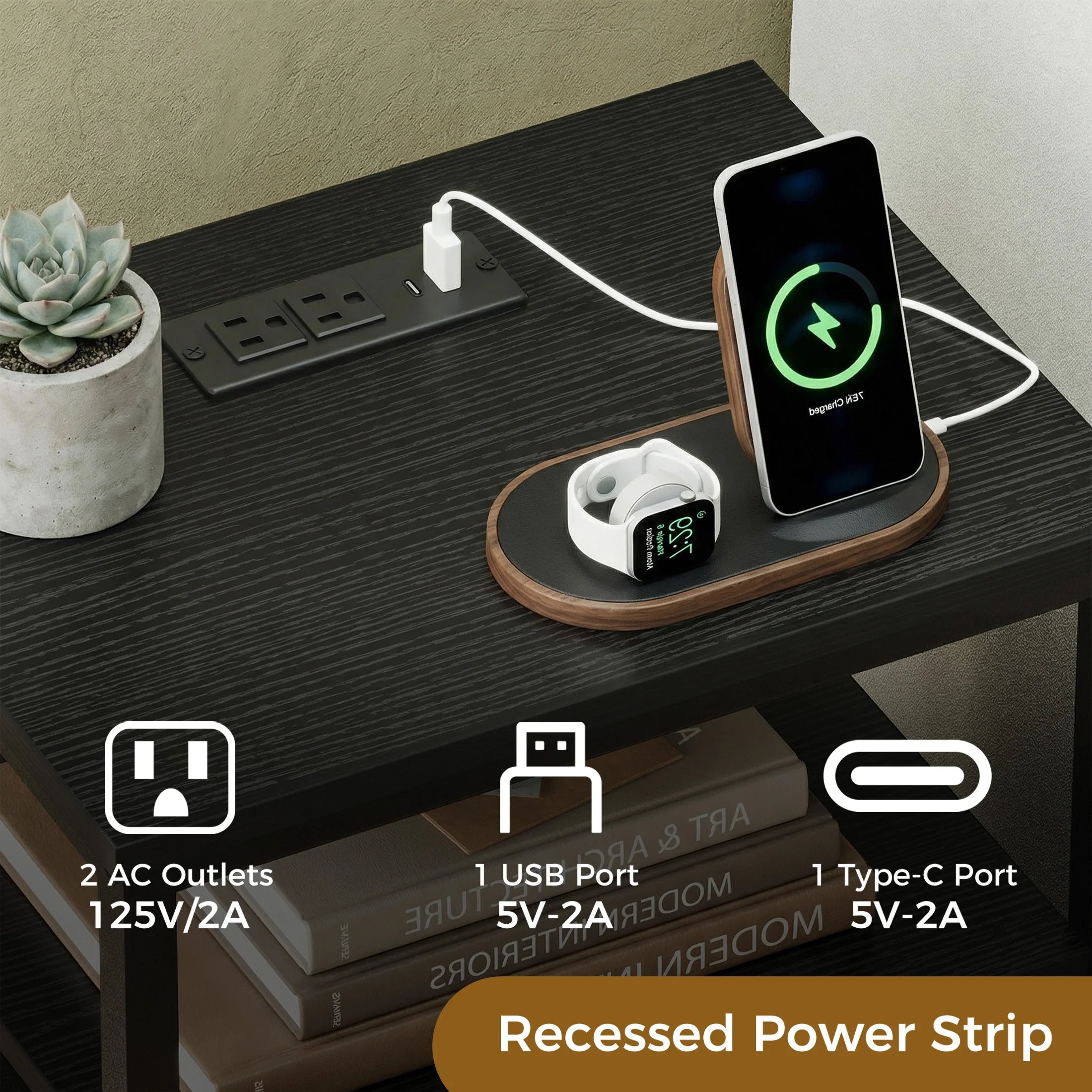 Nightstand with Charging Station, 2 Fabric Drawers & Shelf
