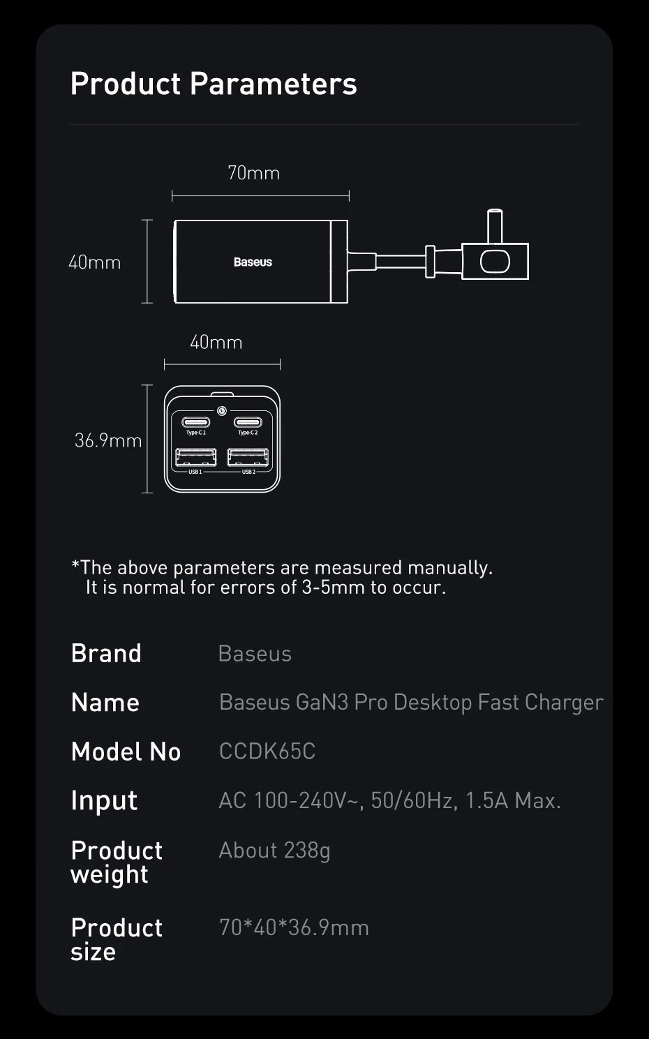 Baseus 65W/100W GaN stolná nabíjačka so 4 portami na rýchle nabíjanie