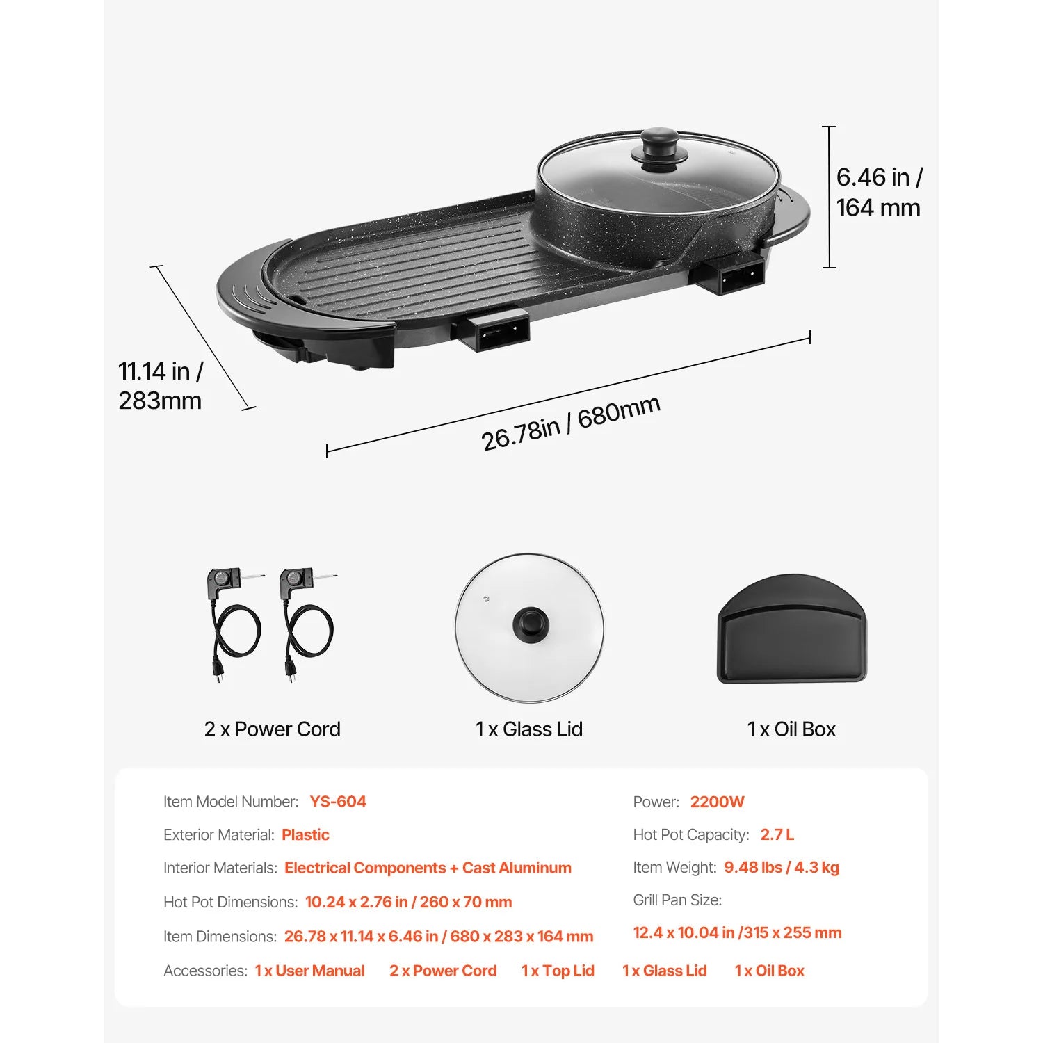 2200W 2-in-1 Electric Hot Pot with Grill for 1-6 People