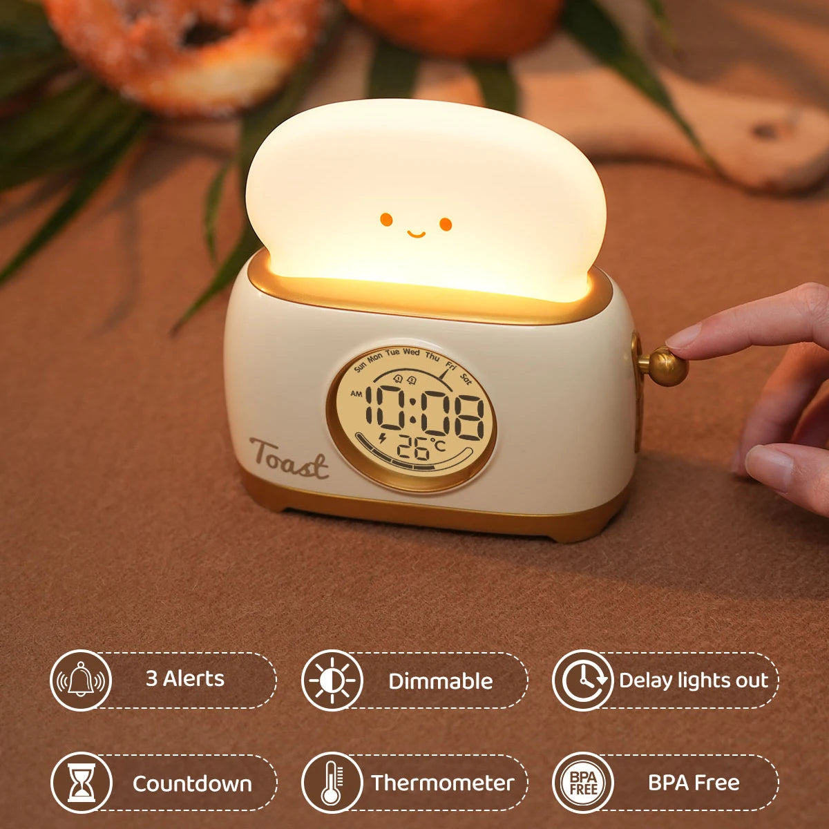 Ceas deșteptător în stil toaster, cu lumină de veghe cu intensitate reglabilă