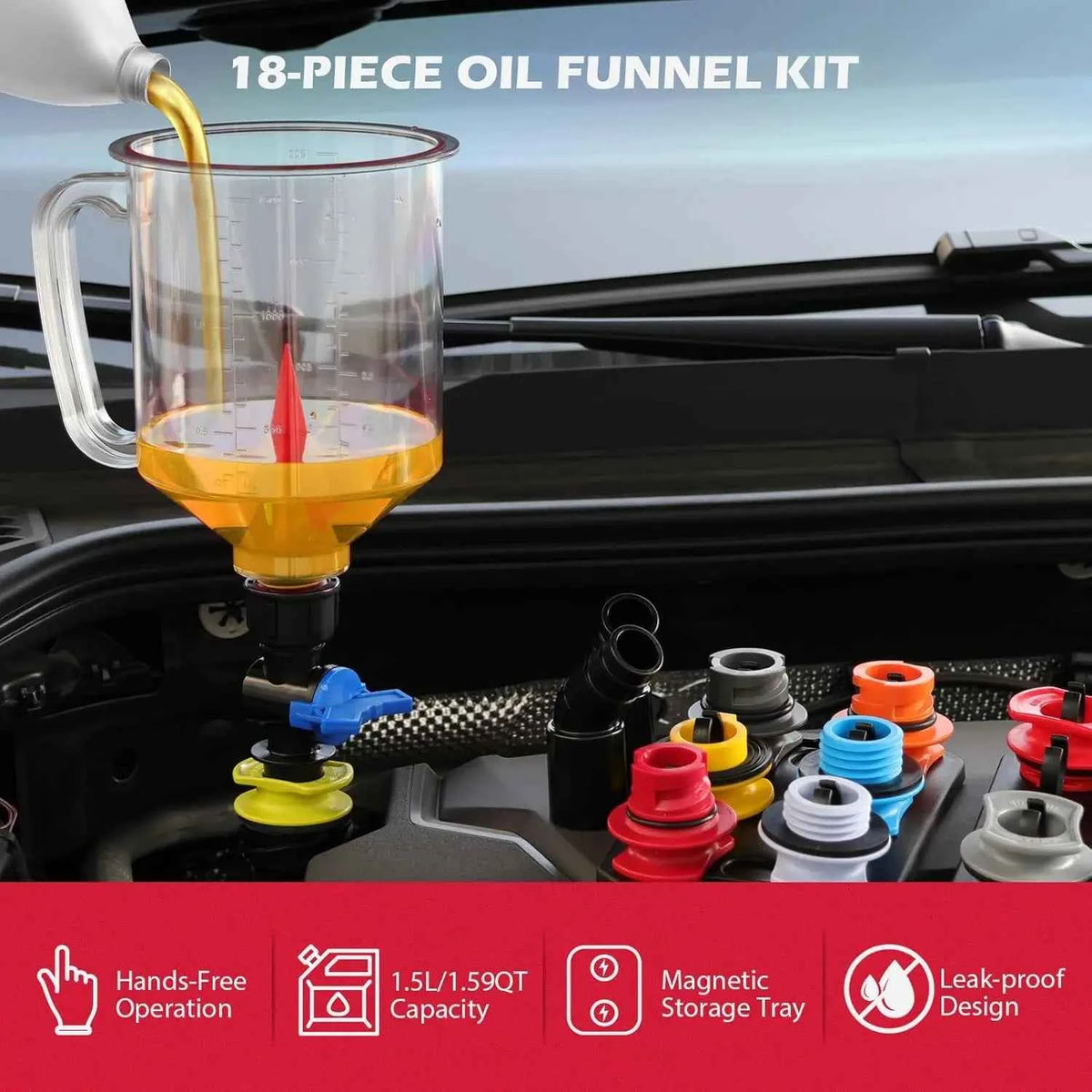 18-Piece Engine Oil Funnel Set with 12 Adapters and Magnetic Storage