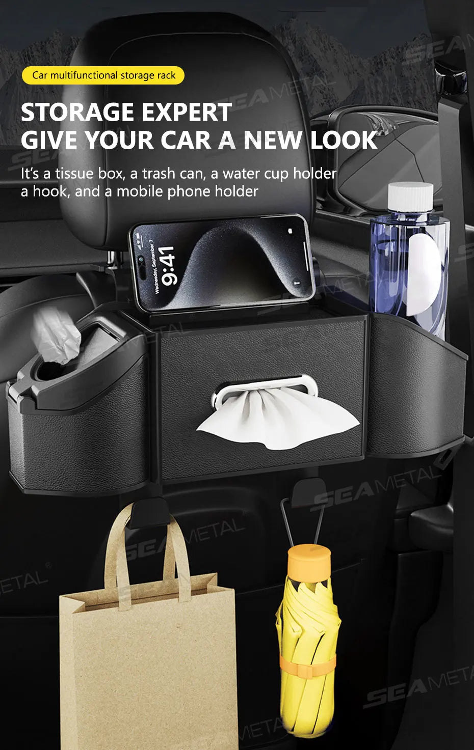 SEAMETAL Car Back Seat Organizer Multifunctional Car Storage Box Universal Cup Holder/Trash Bin/Tissue Holder/Phone Mount/Hooks