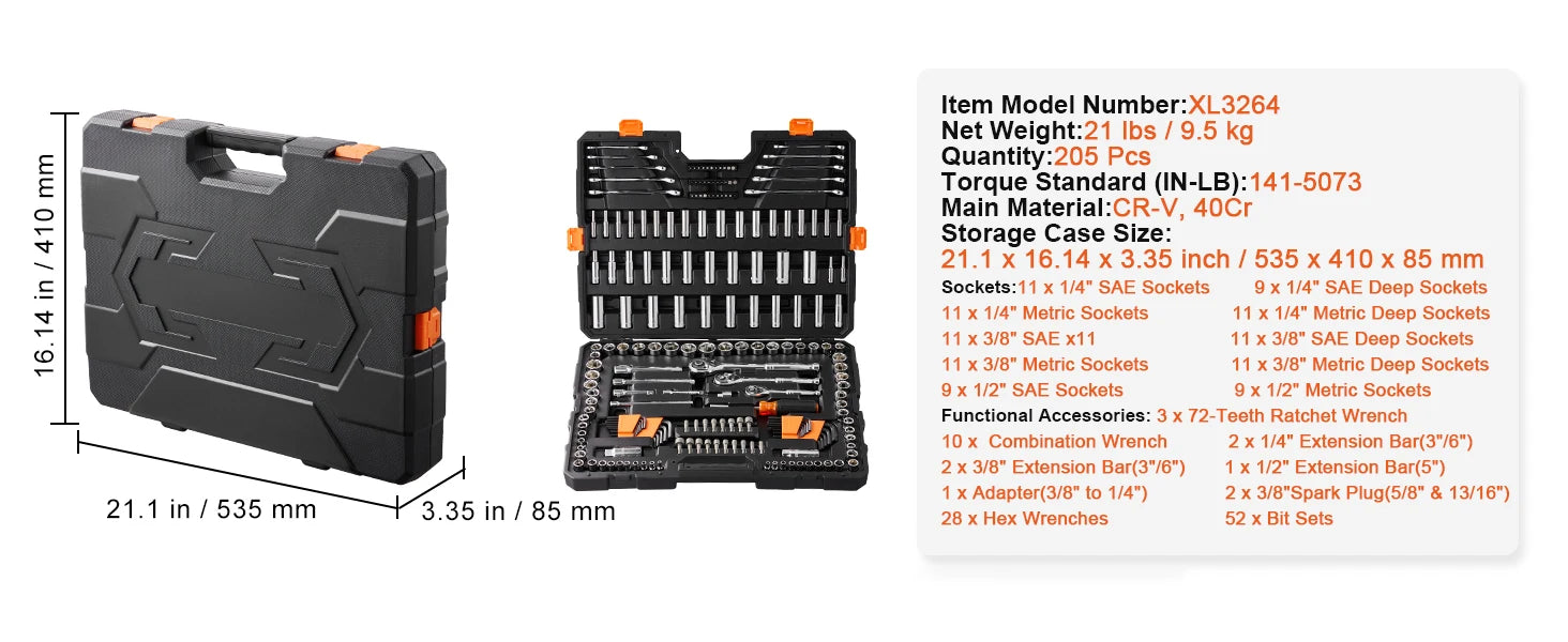 Zestaw narzędzi mechanicznych 450 elementów, nasadki calowe i metryczne 1/4, 3/8, 1/2 cala