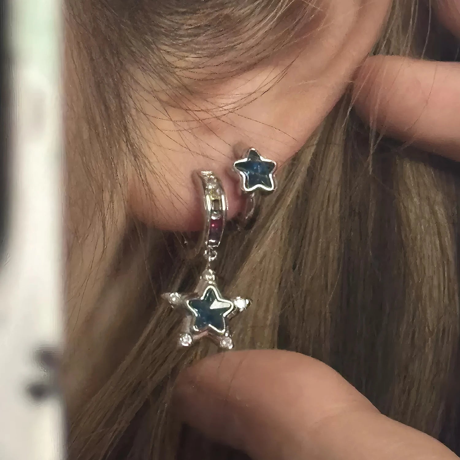 925 Sterling Silver CZ Star Moon Asymmetric Hoop Earrings